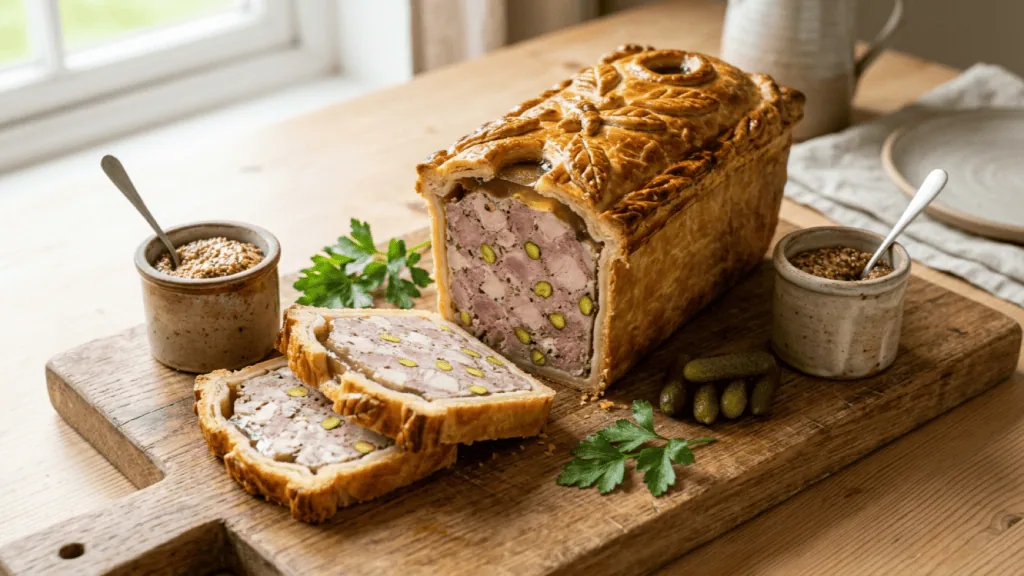 Pâté en croûte de volaille et porc démoulé, tranches montrant la farce aux pistaches, cornichons et moutarde