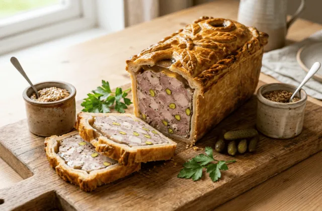 Pâté en croûte de volaille et porc démoulé, tranches montrant la farce aux pistaches, cornichons et moutarde