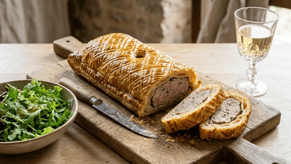 Pâté lorrain en croûte feuilletée doré et quadrillé, tranches de farce porc-veau au vin blanc, salade verte et verre de vin
