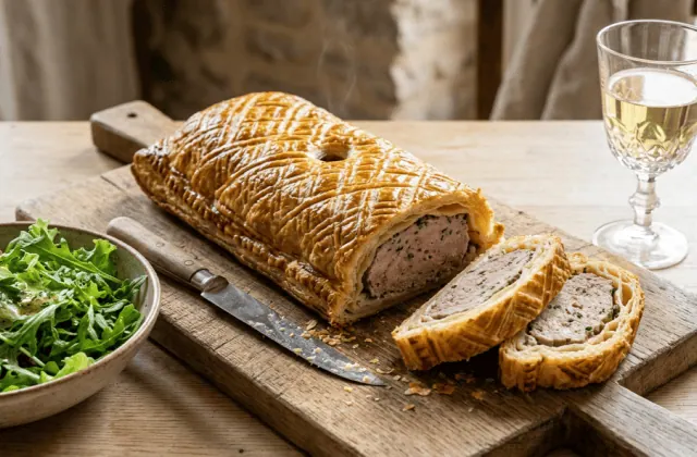 Pâté lorrain en croûte feuilletée doré et quadrillé, tranches de farce porc-veau au vin blanc, salade verte et verre de vin