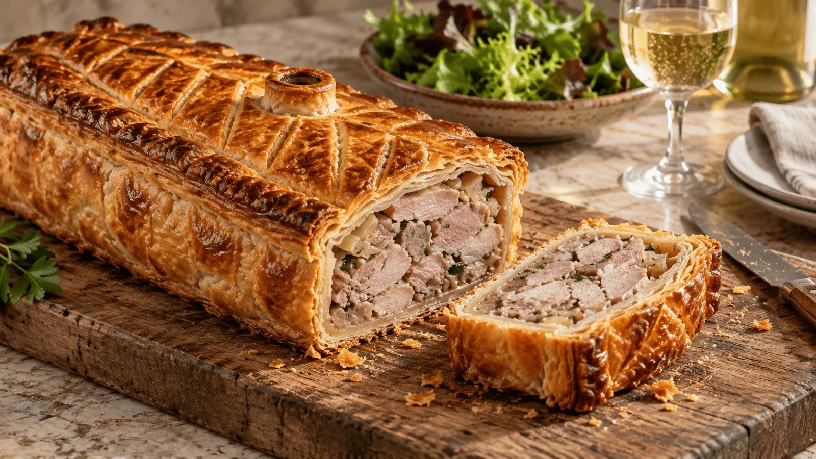 Pâté lorrain feuilleté au porc et au veau, tranché sur une planche