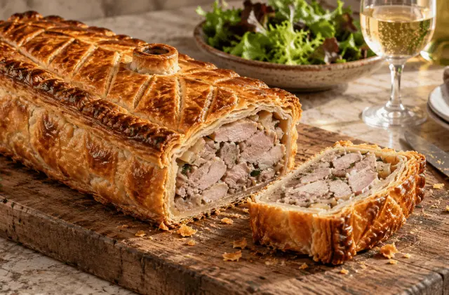 Pâté lorrain feuilleté au porc et au veau, tranché sur une planche