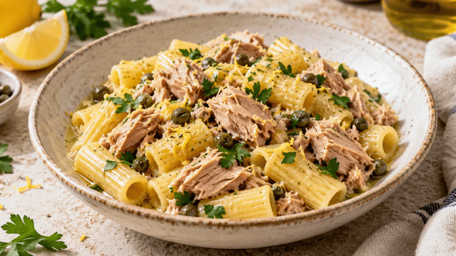Pâtes au thon et au citron avec câpres, zeste de citron et persil