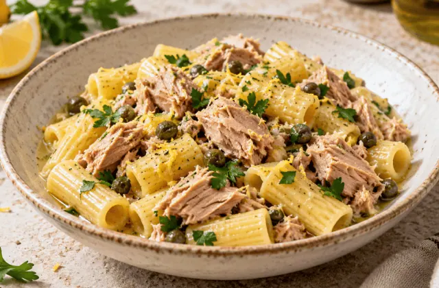 Pâtes au thon et au citron avec câpres, zeste de citron et persil