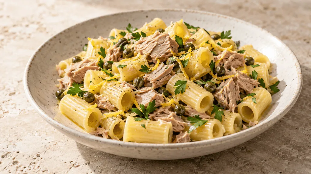 Pâtes courtes au thon, citron, câpres et persil