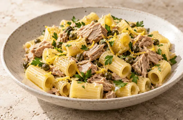 Pâtes courtes au thon, citron, câpres et persil