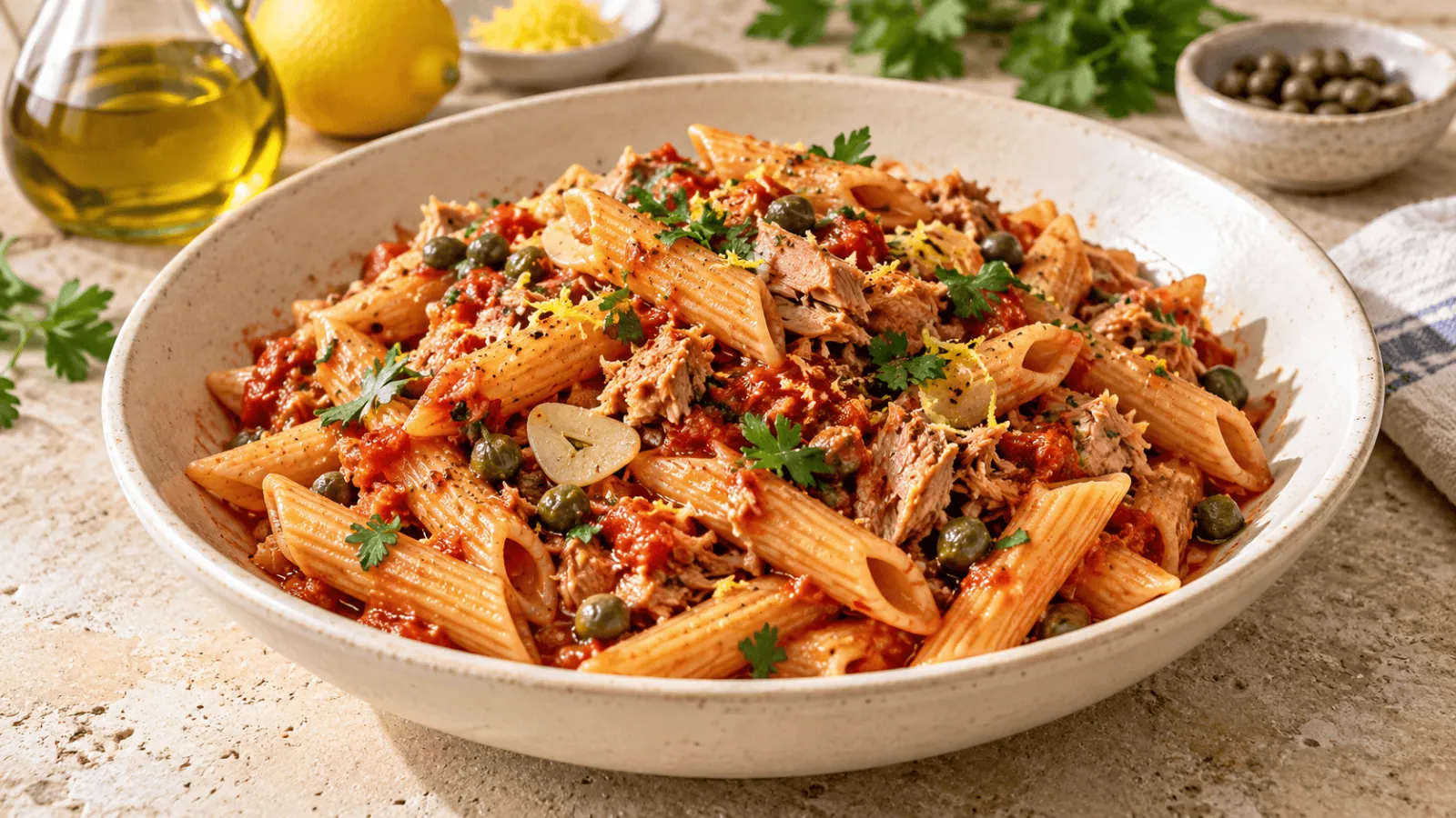 Penne au thon et à la tomate avec câpres, citron et persil