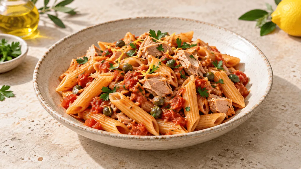 Penne au thon, sauce tomate, câpres, persil et citron