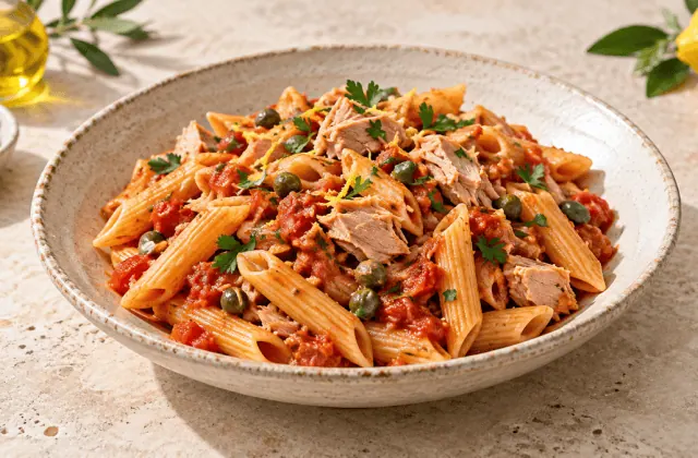 Penne au thon, sauce tomate, câpres, persil et citron