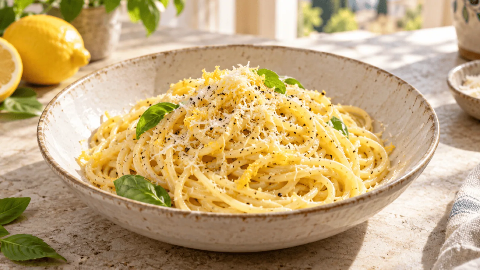 Spaghetti citron-parmesan avec zeste de citron, poivre noir et basilic