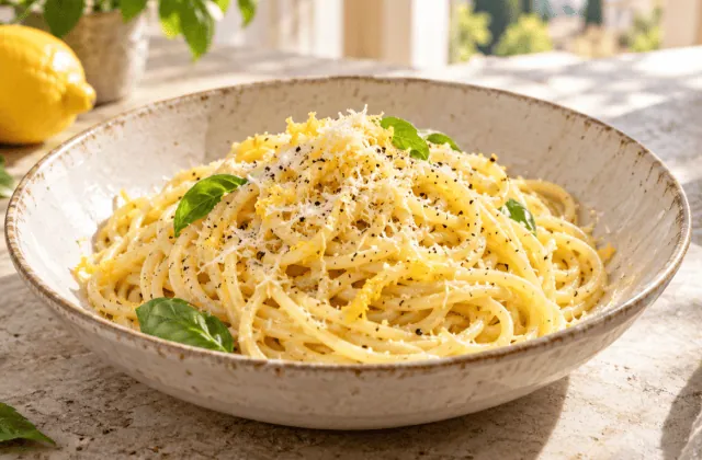 Spaghetti citron-parmesan avec zeste de citron, poivre noir et basilic