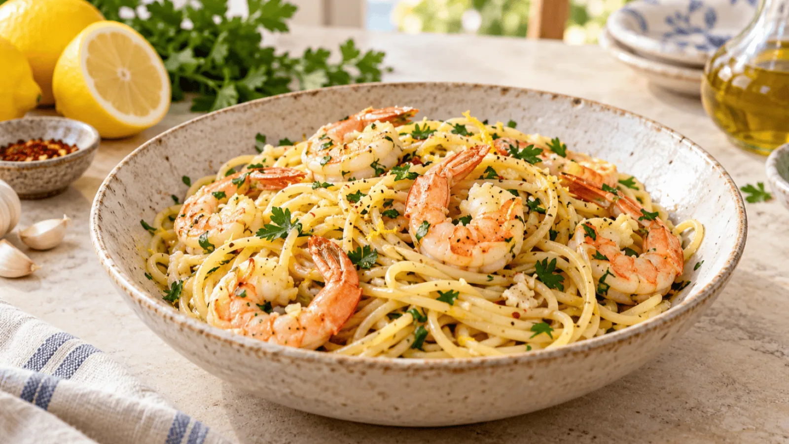 Spaghetti aux crevettes, ail et citron avec persil et zeste de citron