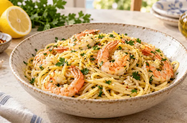 Spaghetti aux crevettes, ail et citron avec persil et zeste de citron