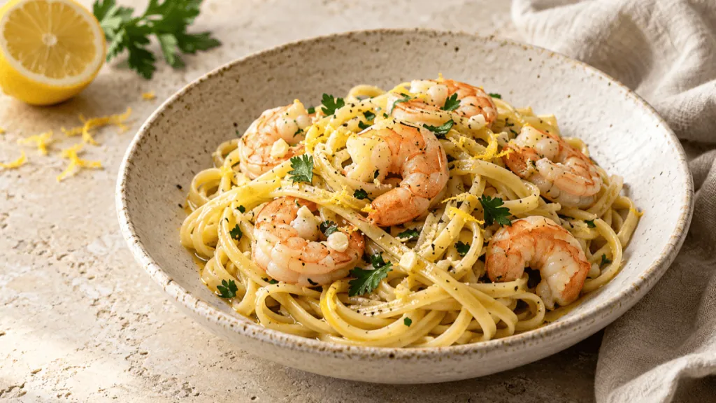 Linguine aux crevettes avec ail, citron et persil
