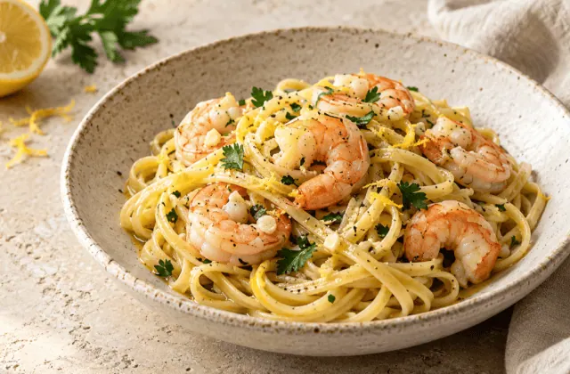 Linguine aux crevettes avec ail, citron et persil