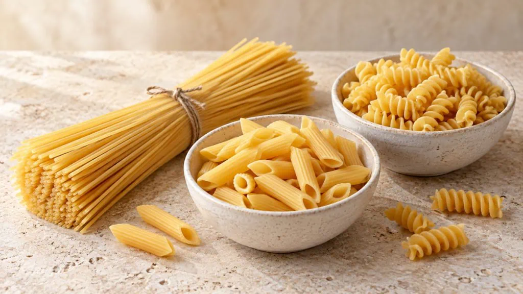 Assortiment de pâtes sèches avec spaghetti, penne et fusilli