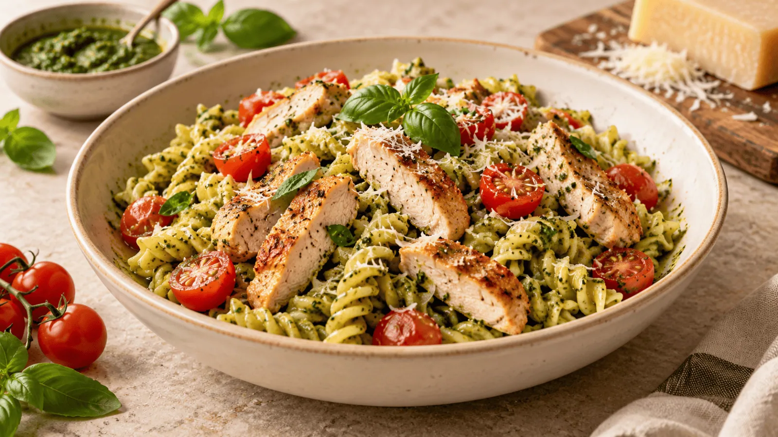 Pâtes au pesto avec lamelles de poulet doré, tomates cerises et parmesan