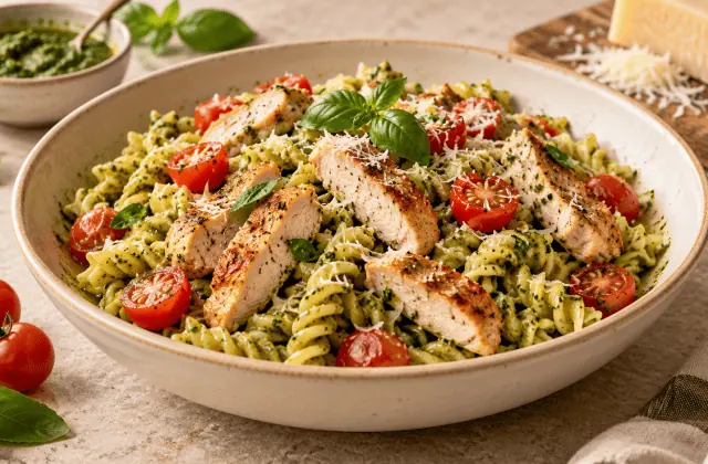 Pâtes au pesto avec lamelles de poulet doré, tomates cerises et parmesan