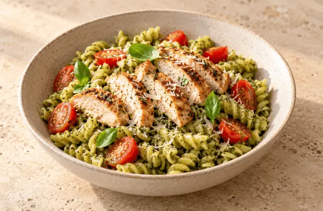 Pâtes au pesto de basilic avec poulet poêlé, tomates cerises et parmesan