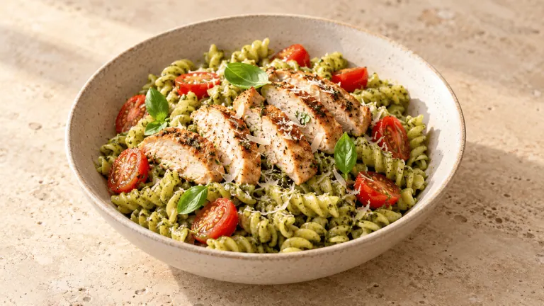 Pâtes au pesto de basilic avec poulet poêlé, tomates cerises et parmesan