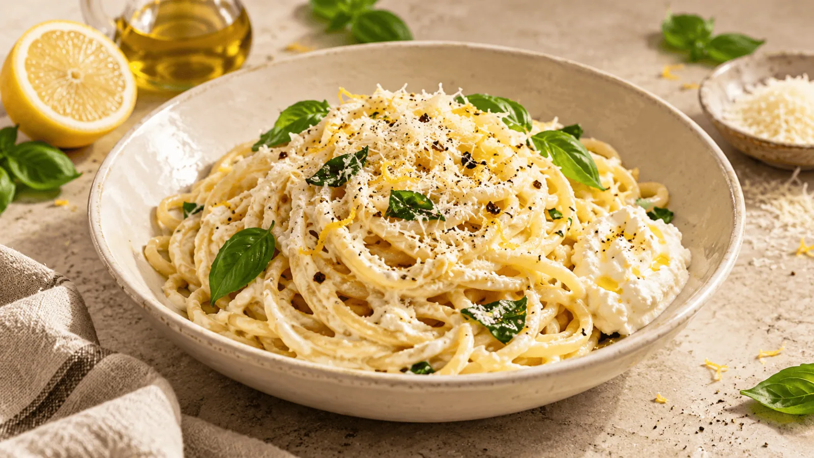 Pâtes crémeuses à la ricotta et au citron avec parmesan et basilic