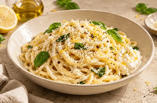 Pâtes crémeuses à la ricotta et au citron avec parmesan et basilic
