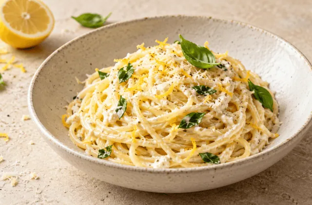 Spaghetti crémeux à la ricotta, citron, parmesan et basilic