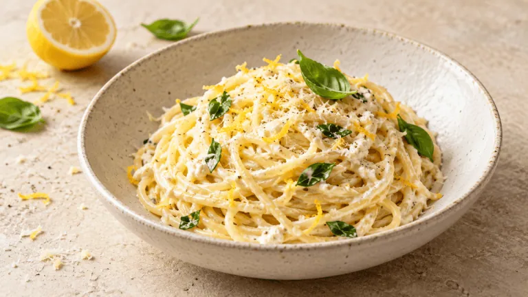 Spaghetti crémeux à la ricotta, citron, parmesan et basilic
