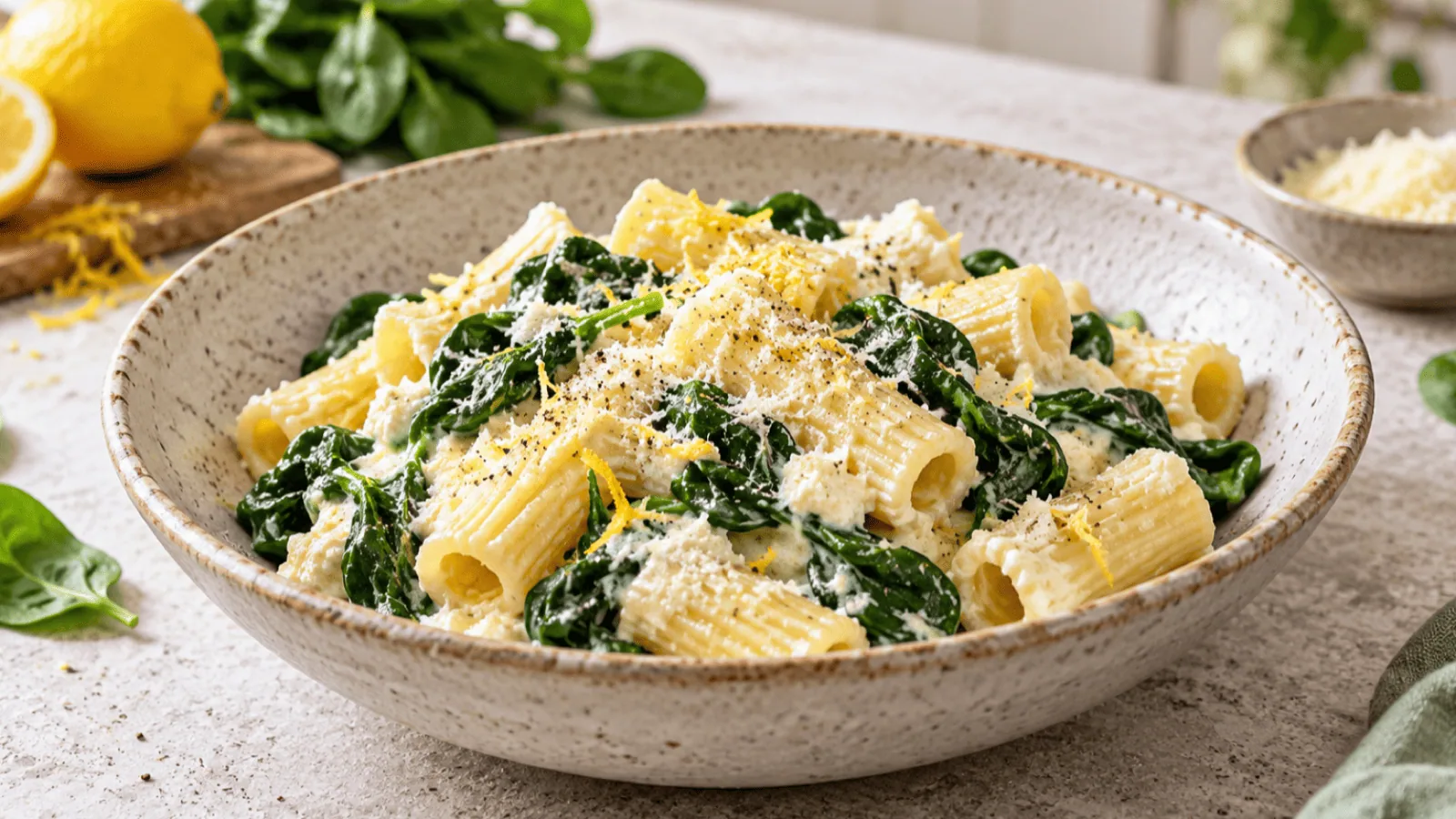 Rigatoni à la ricotta et aux épinards avec citron, parmesan et poivre noir