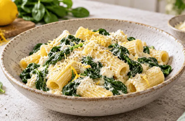 Rigatoni à la ricotta et aux épinards avec citron, parmesan et poivre noir