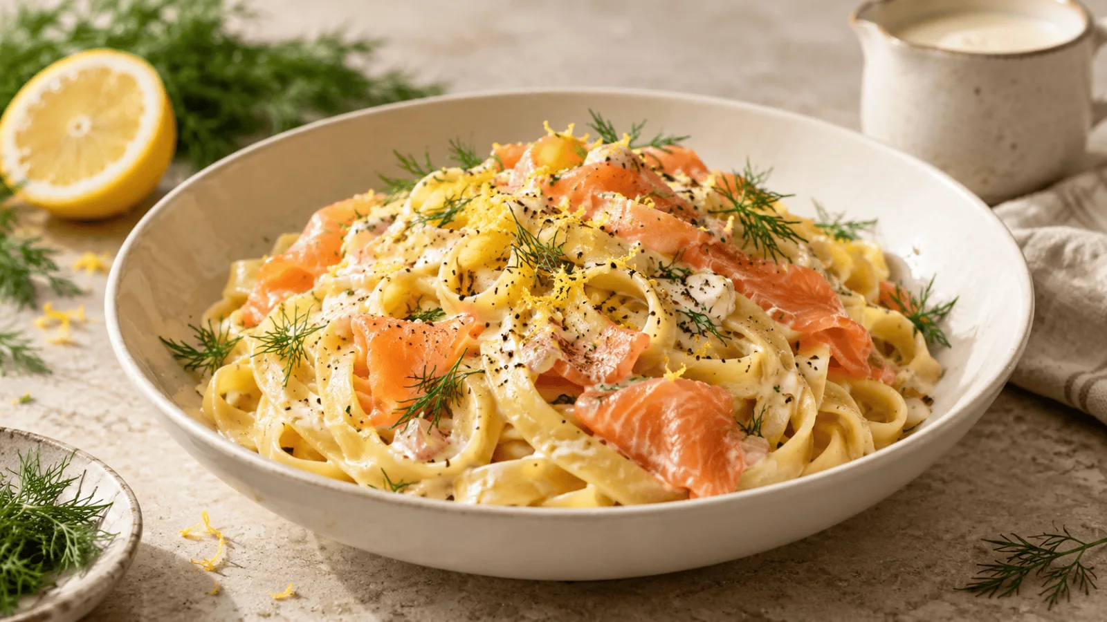 Tagliatelles crémeuses au saumon fumé, citron et aneth