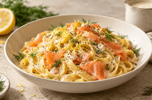 Tagliatelles crémeuses au saumon fumé, citron et aneth