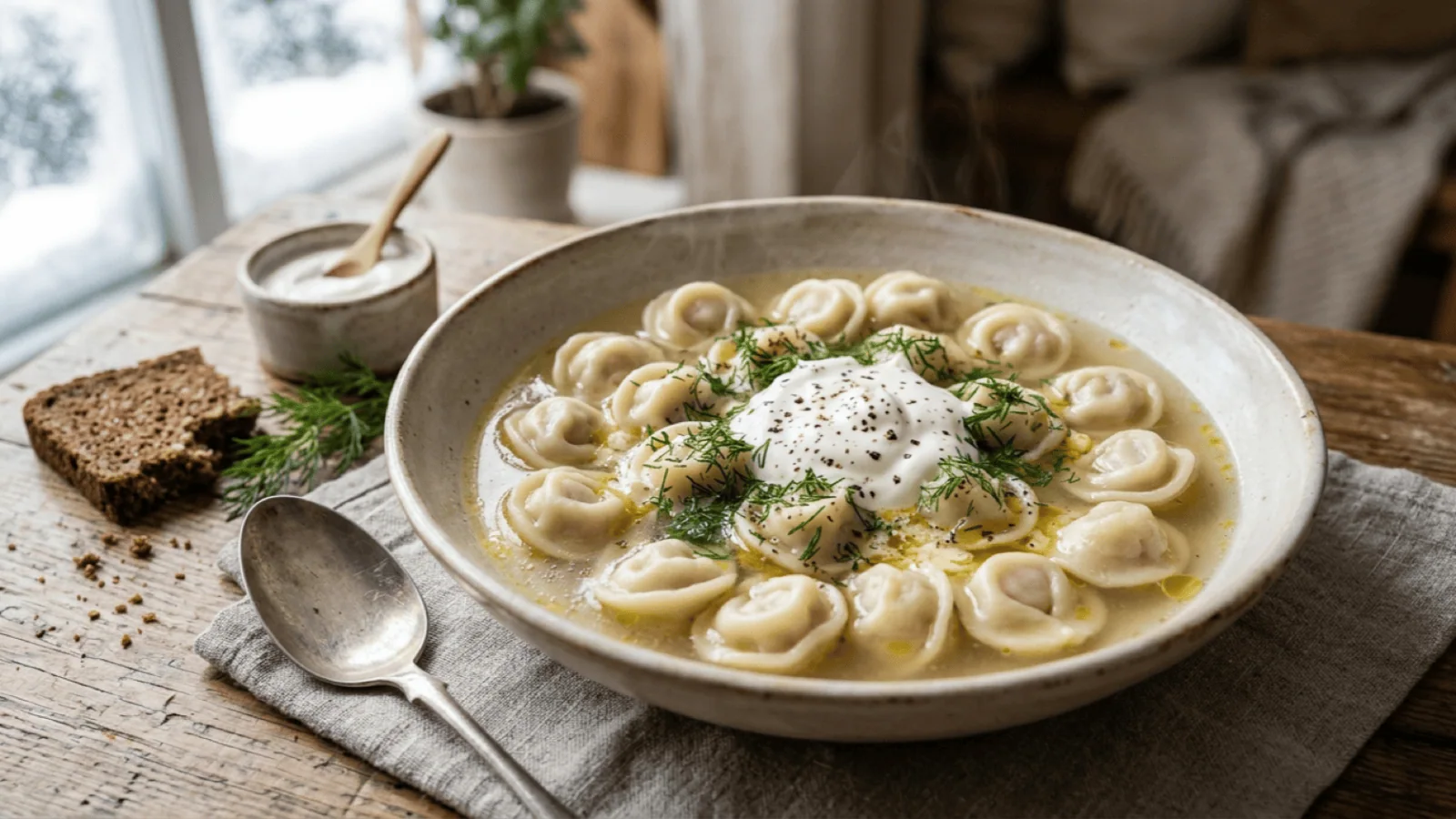 Bol de pelmeni au beurre fondu, smetana, aneth et poivre noir, avec pain de seigle, dans un intérieur d’hiver