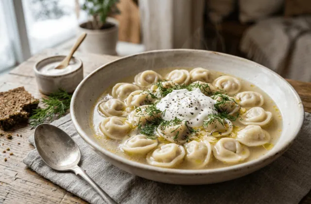 Bol de pelmeni au beurre fondu, smetana, aneth et poivre noir, avec pain de seigle, dans un intérieur d’hiver