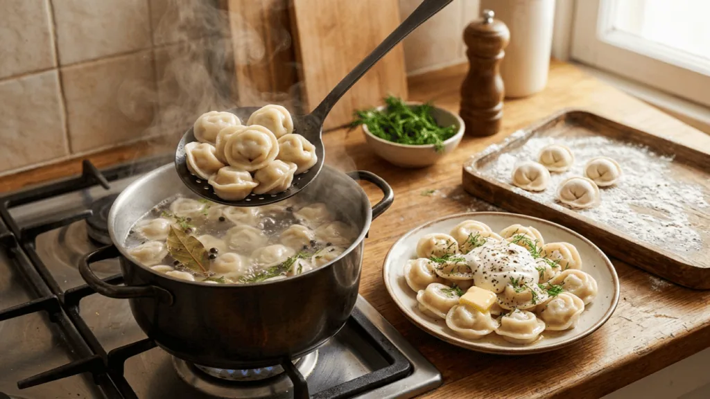 Pelmeni maison sortis à l’écumoire d’une casserole au laurier, assiette garnie de beurre, smetana et aneth