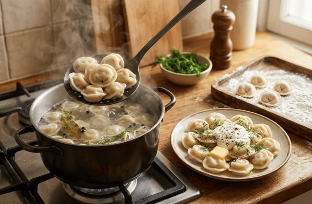 Pelmeni maison sortis à l’écumoire d’une casserole au laurier, assiette garnie de beurre, smetana et aneth