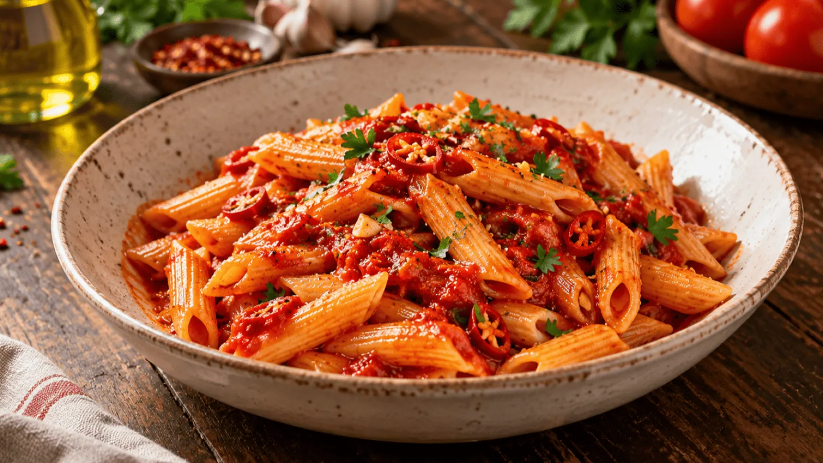 Penne all’arrabbiata à la sauce tomate, ail, piment rouge et persil