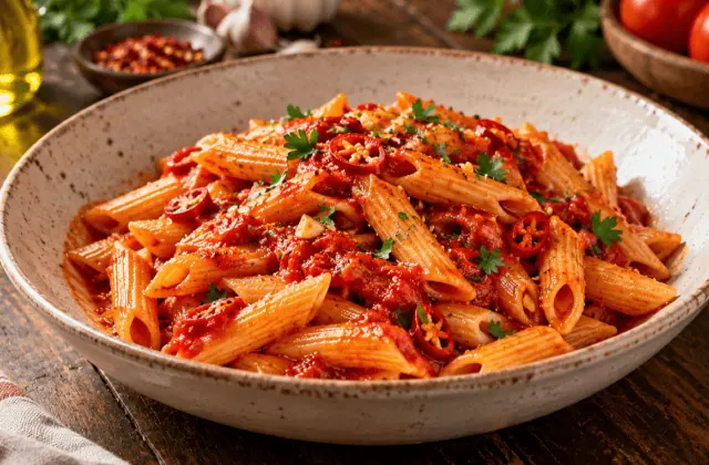 Penne all’arrabbiata à la sauce tomate, ail, piment rouge et persil