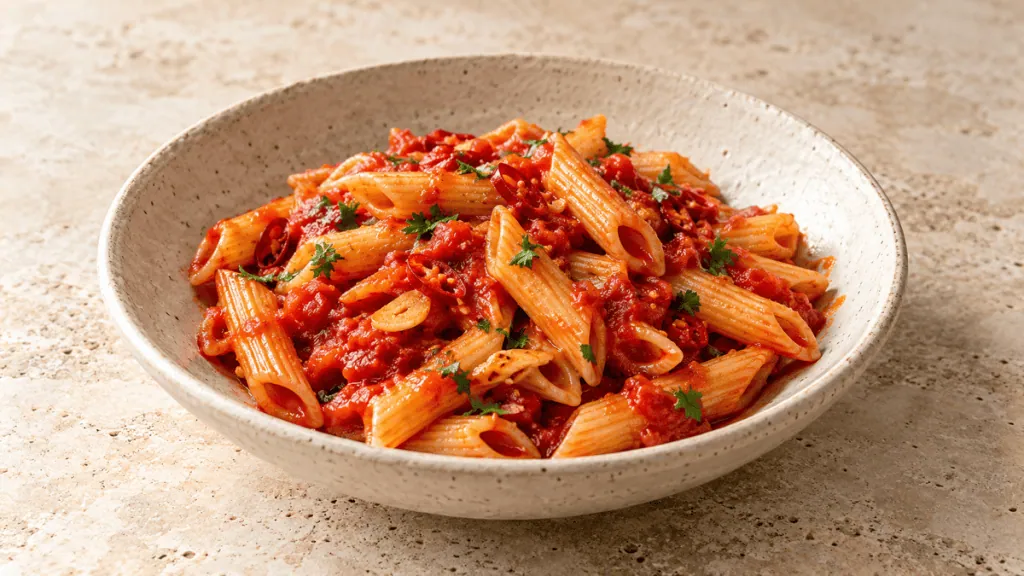 Penne all’arrabbiata à la tomate, ail, piment rouge et persil