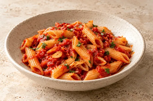 Penne all’arrabbiata à la tomate, ail, piment rouge et persil