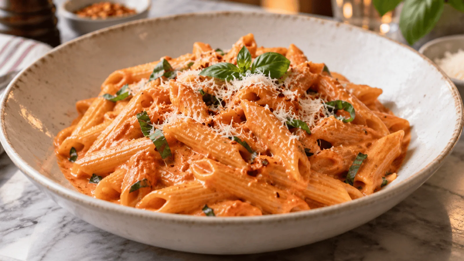 Penne alla vodka à la sauce tomate crémeuse, parmesan et basilic