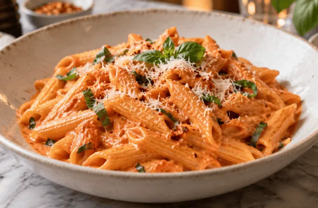 Penne alla vodka à la sauce tomate crémeuse, parmesan et basilic