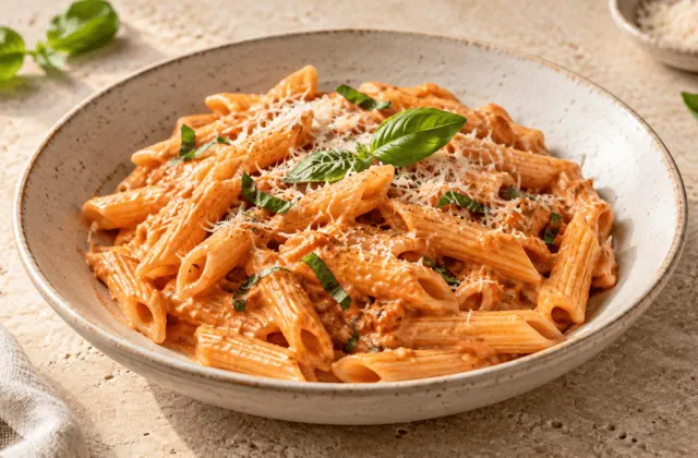 Penne alla vodka enrobées de sauce tomate crémeuse, parmesan et basilic