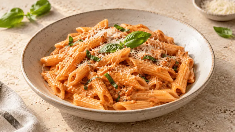 Penne alla vodka enrobées de sauce tomate crémeuse, parmesan et basilic