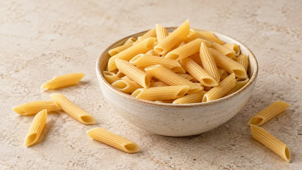 Pâtes penne sèches striées dans un bol en grès