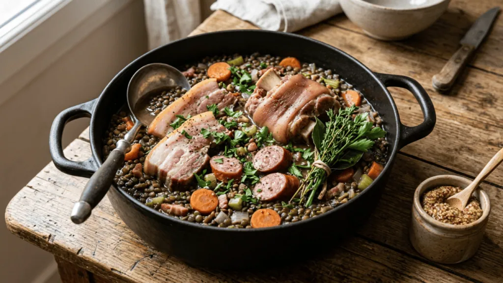 Petit salé aux lentilles vertes du Puy en cocotte : poitrine demi-sel, saucisse fumée, jarret, carottes et bouquet garni