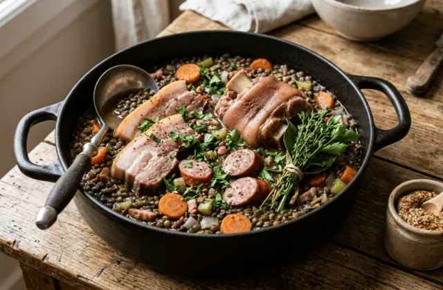Petit salé aux lentilles vertes du Puy en cocotte : poitrine demi-sel, saucisse fumée, jarret, carottes et bouquet garni
