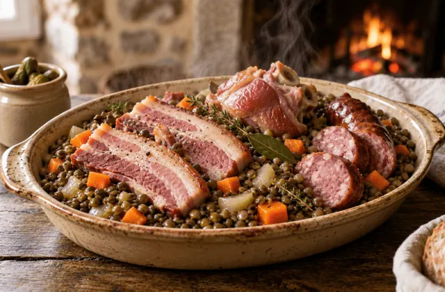 Petit salé traditionnel avec lentilles vertes, poitrine de porc, jarret et saucisse fumée
