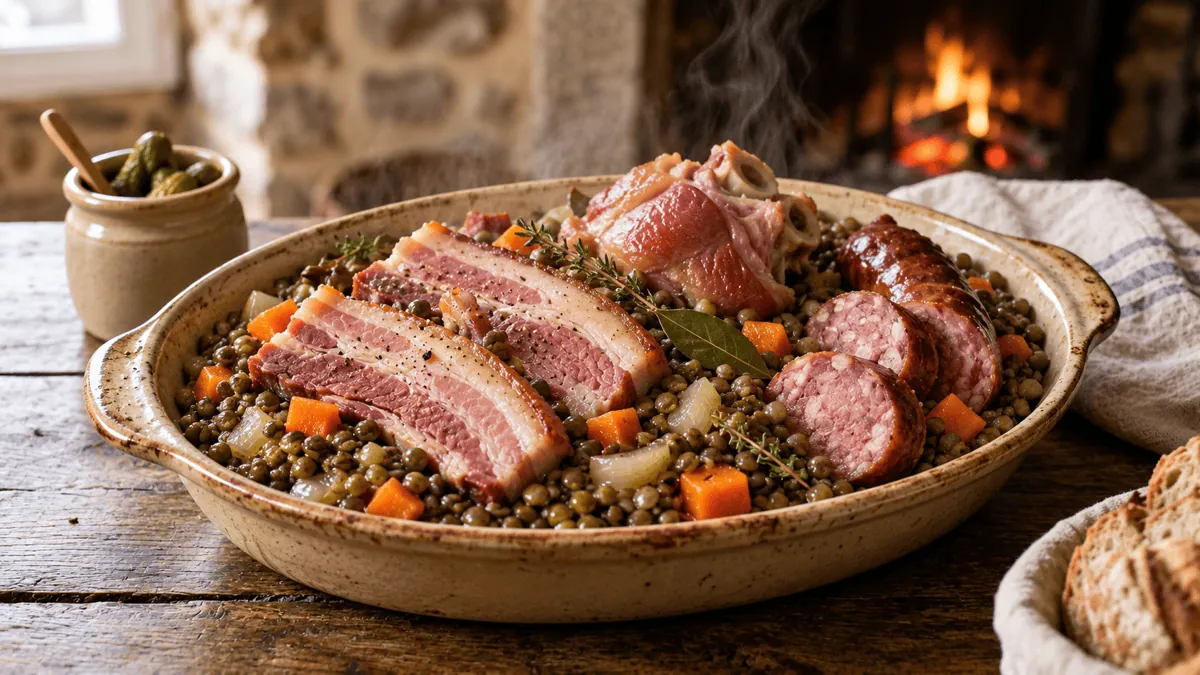 Petit salé traditionnel avec lentilles vertes, poitrine de porc, jarret et saucisse fumée