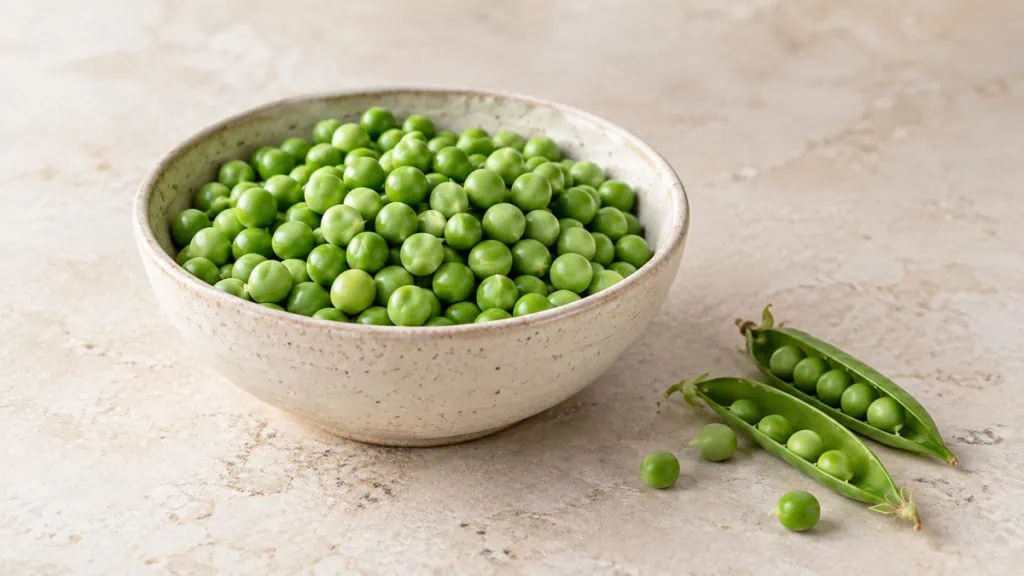 Petits pois frais avec deux gousses ouvertes